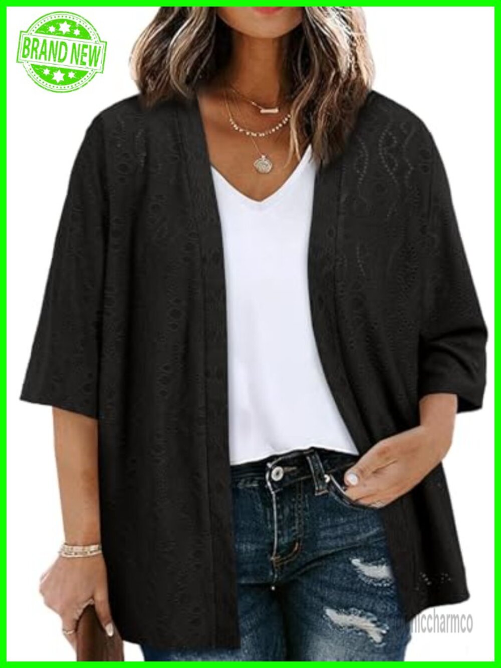 Plus Size Jacquard Knit Kimono Cardigan Half Sleeve Open Front Sweater